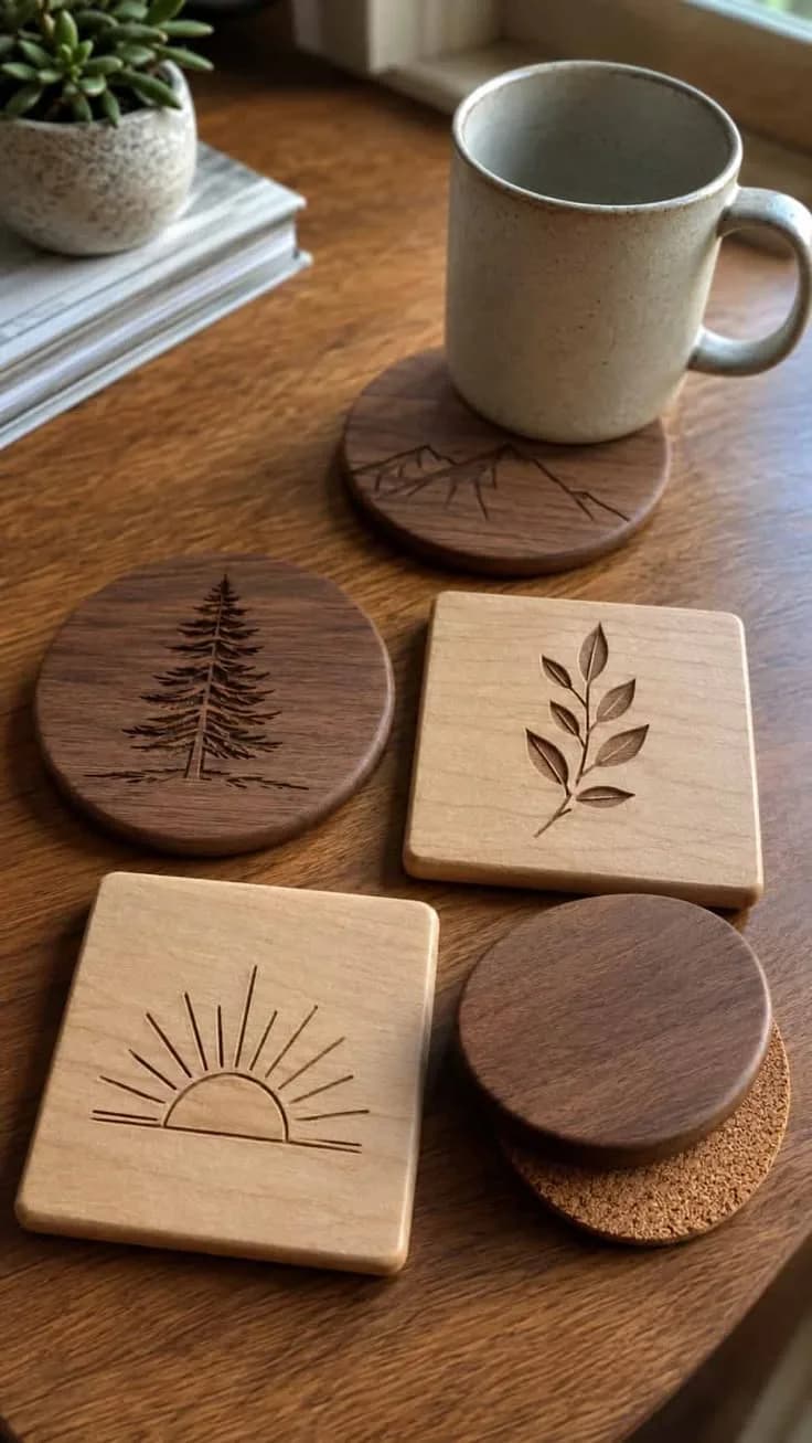 Round and square wooden coasters engraved with a tree, a leaf and a sunrise, on a wooden table